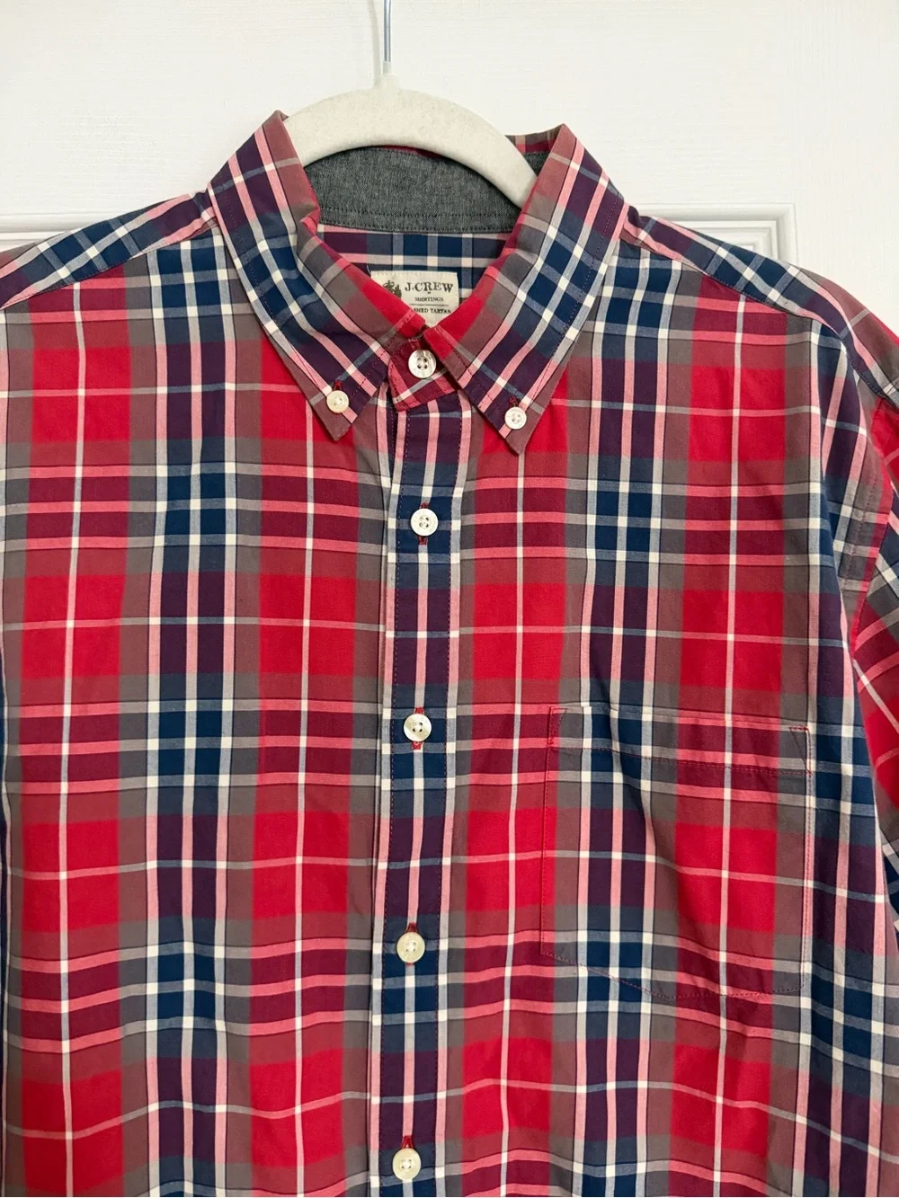 J crew button down washed Tartan red blue plaid 100% cotton size medium